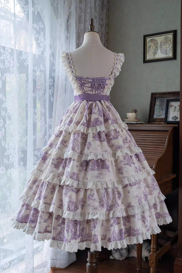 Purple [Grape Moon Almanac] Sleeveless Multi-Layered Printed Ruffled Bow Adjustable-Length Sweet Lolita Jsk Dress - Product - 3