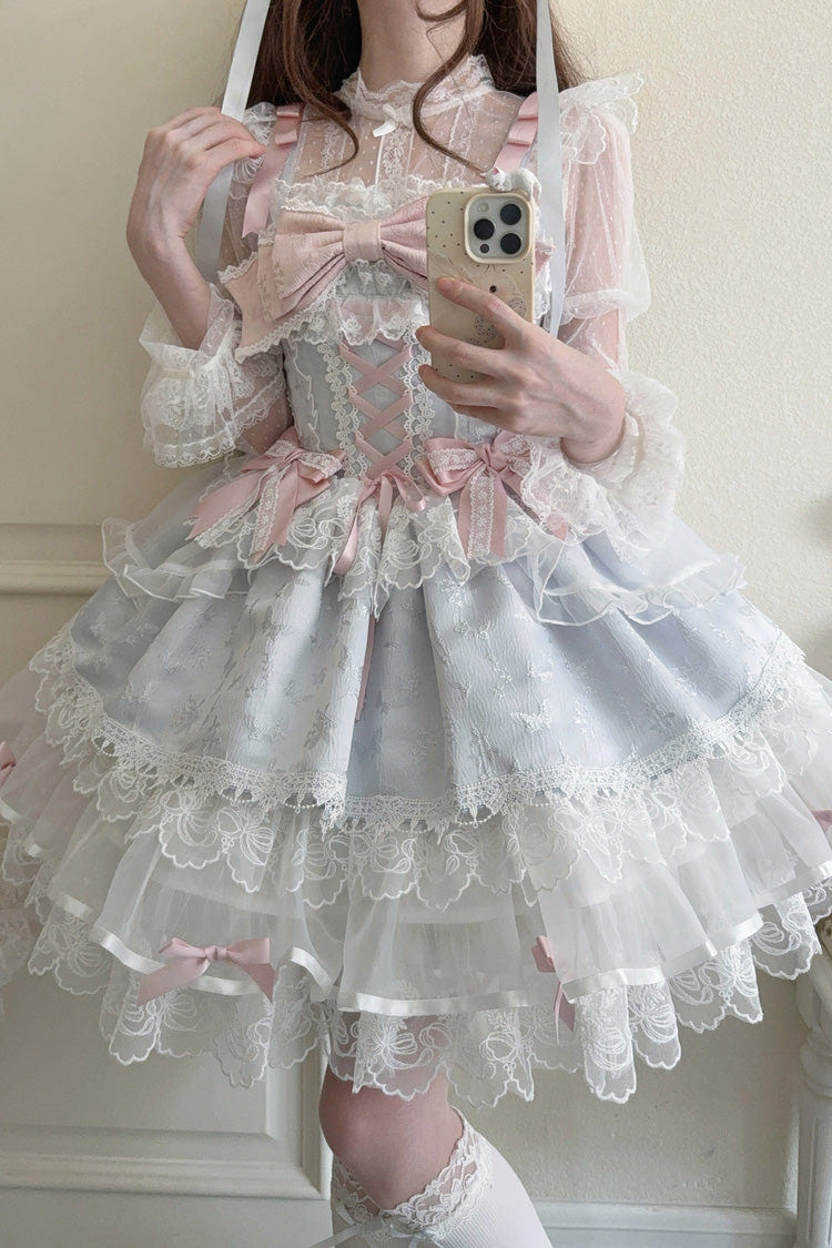 Blue [Fleishi Island] Sleeveless Ruffle Bowknot Lace Slim Sweet Ballet Lolita Jsk Dress - Product - 5
