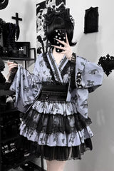 Jirai Kei Long Sleeves Printed Ruffled Lace Studded Gothic Japanese Top and Skirt Set 3 Colors - Grey/Black - 7