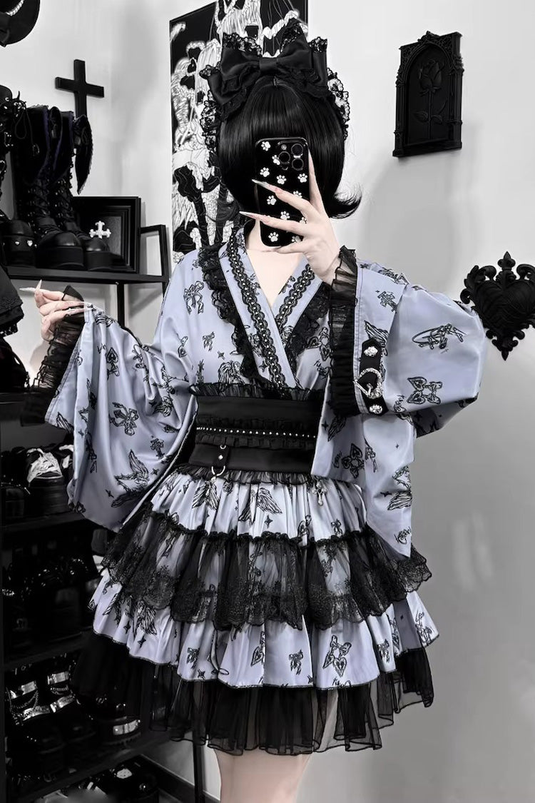Jirai Kei Long Sleeves Printed Ruffled Lace Studded Gothic Japanese Top and Skirt Set 3 Colors - Grey/Black - 7