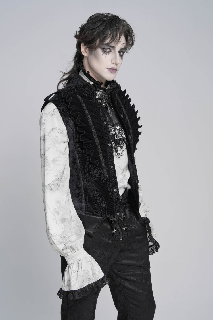 Black Stand Collar Sleeveless Jacquard Embroidered Buckled Pleated Men's Gothic Vest - Product - 12