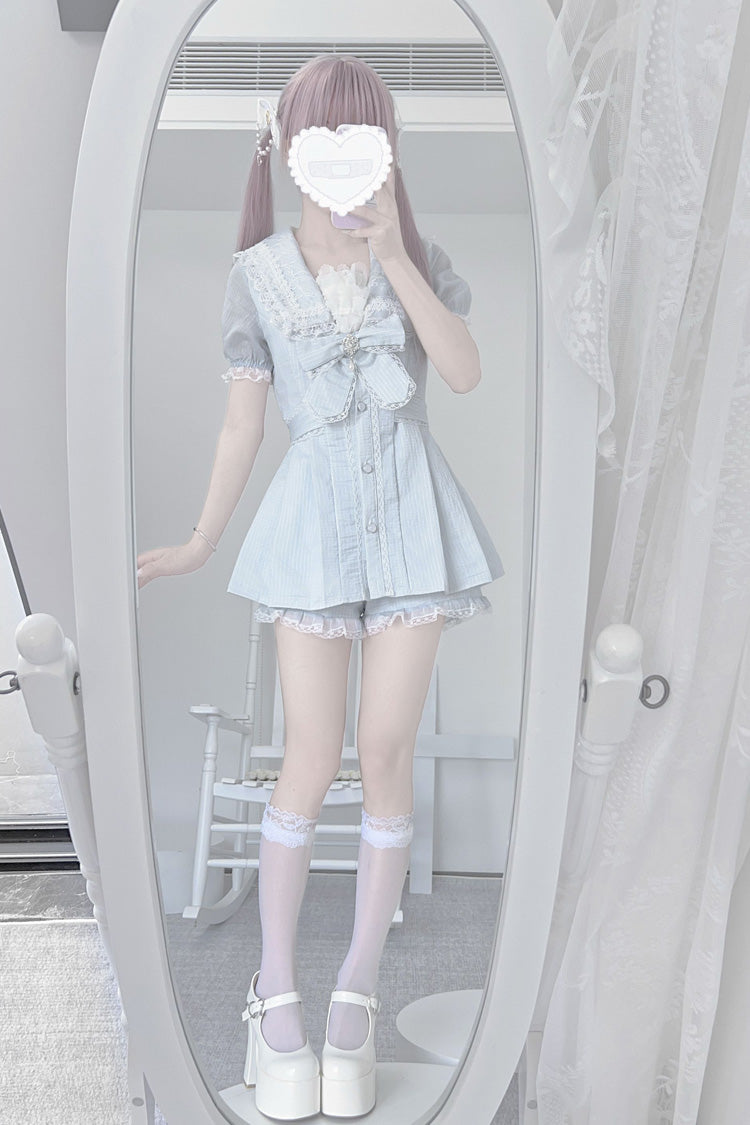 Aqua [Serenade] Short Sleeves Ruffle Bowknot Lace Sweet Jirai Kei Dress Set - Product - 4