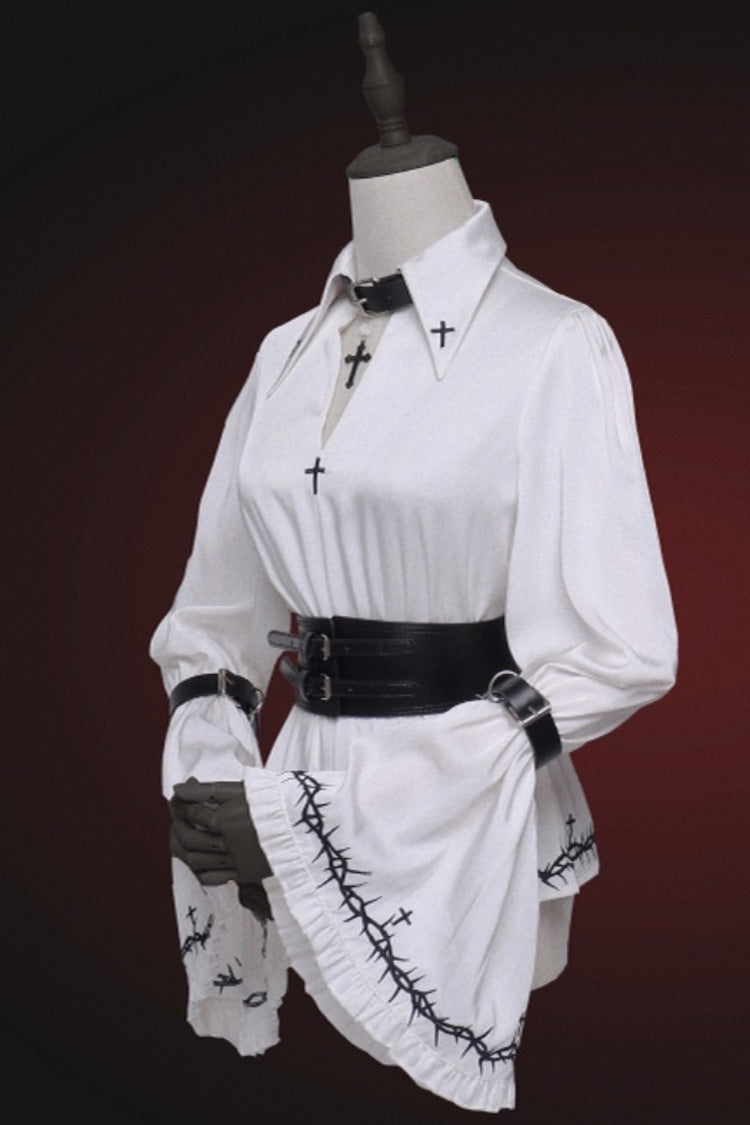 White Stockholm Lover Cross Print Hime Sleeves Gothic Lolita Blouse - White - 1