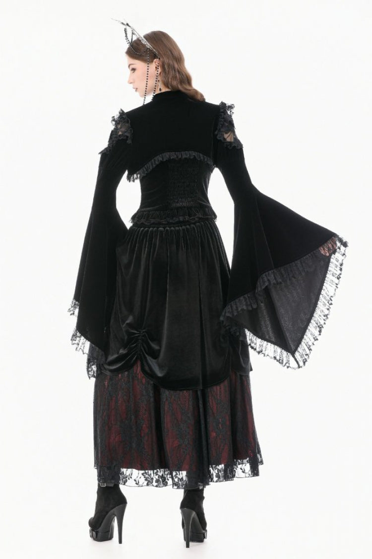 Black Ruffled Lace Long Trumpet Sleeves Floral Sheer Mesh Spliced Velvet Women's Gothic Cape - Product - 4