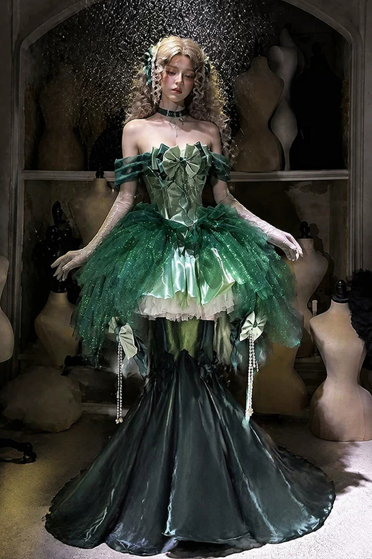 Green [Mermaid Tears] Off Shoulder High Waisted Ruffled Bow Sweet Princess Lolita Dress - Product - 4