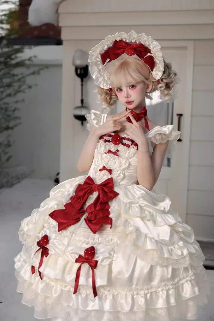 Apricot [Berry Endless] Square Collar Sleeveless Multi-Layered Ruffled Embroidered Bow Lace Sweet Lolita Jsk Dress - Product - 7