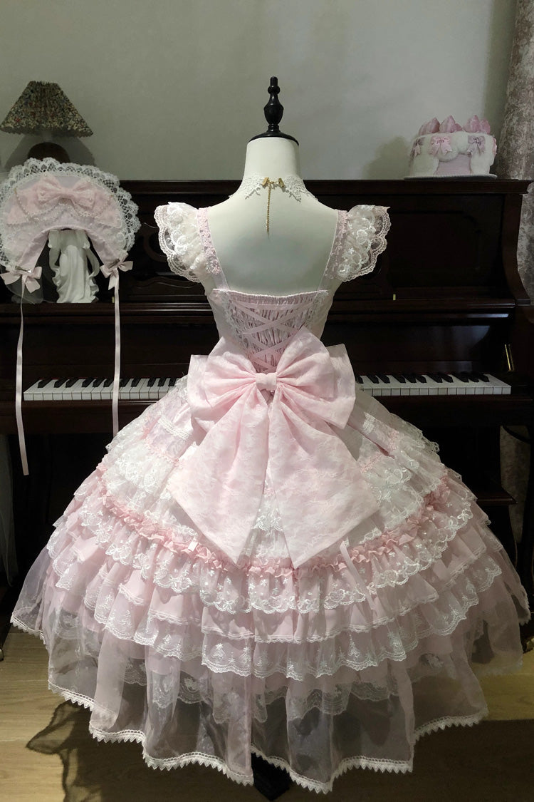 Pink [Prelude of Spring] Sleeveless Multi-Layered Ruffled Bow Lace Sweet Princess Lolita Jsk Dress - Product - 6