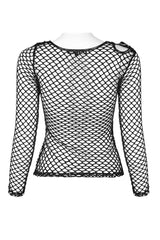 Black Long Sleeve Round Collar Shoulder Hollow Out Leather Hasp Coarse Mesh Women's Punk T-Shirt - Product - 6