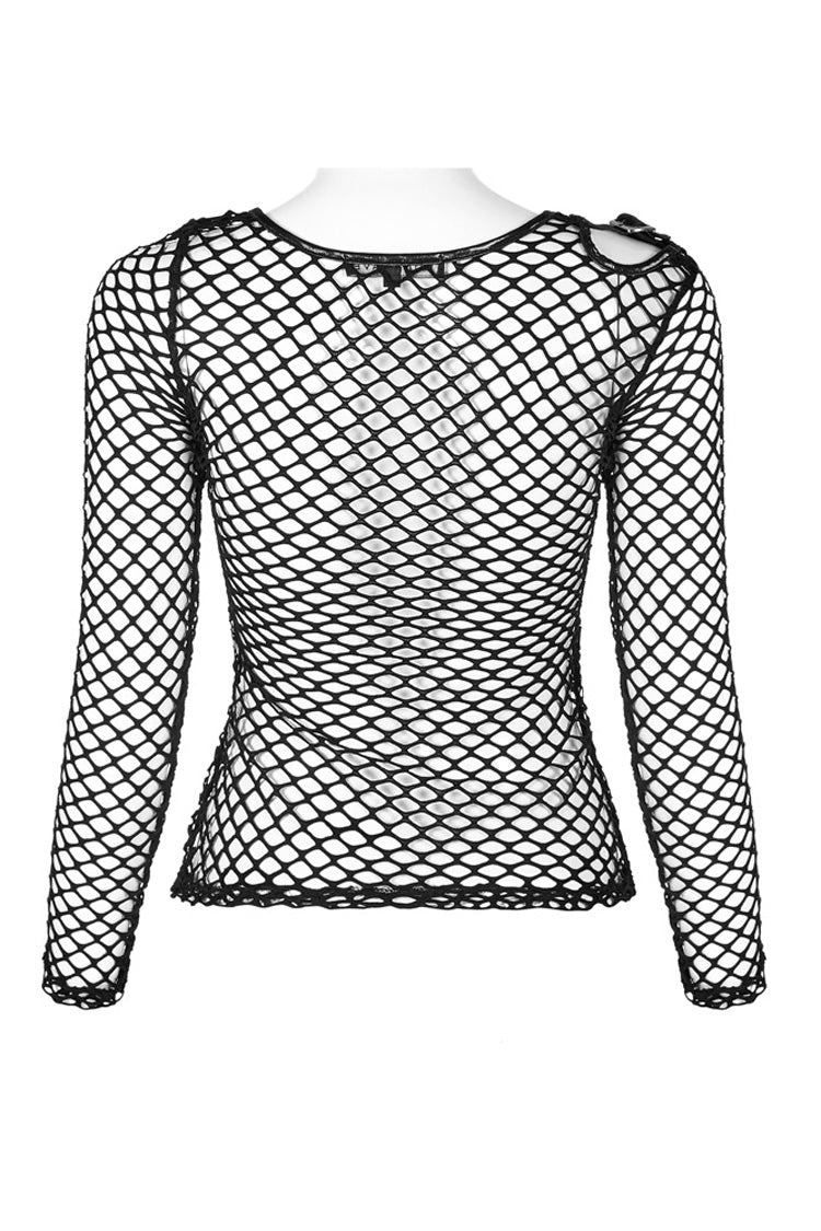 Black Long Sleeve Round Collar Shoulder Hollow Out Leather Hasp Coarse Mesh Women's Punk T-Shirt - Product - 6
