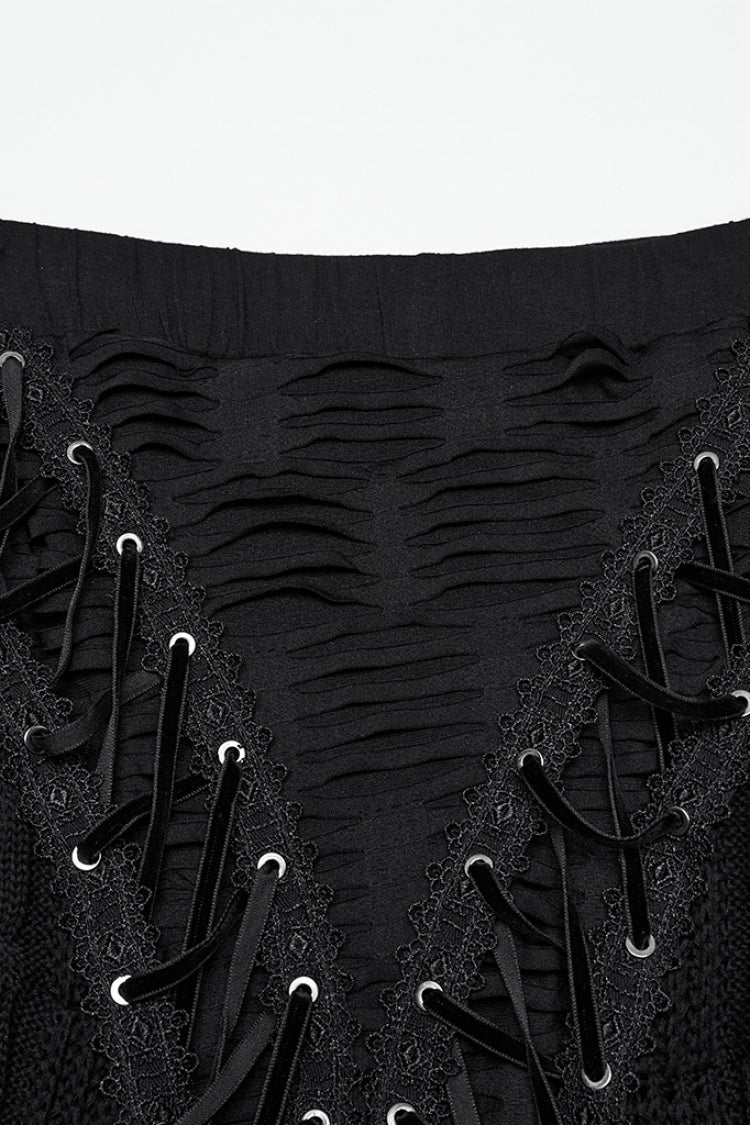 Black Ripped Lace-up Women's Gothic Knitted Skirt - Product - 5