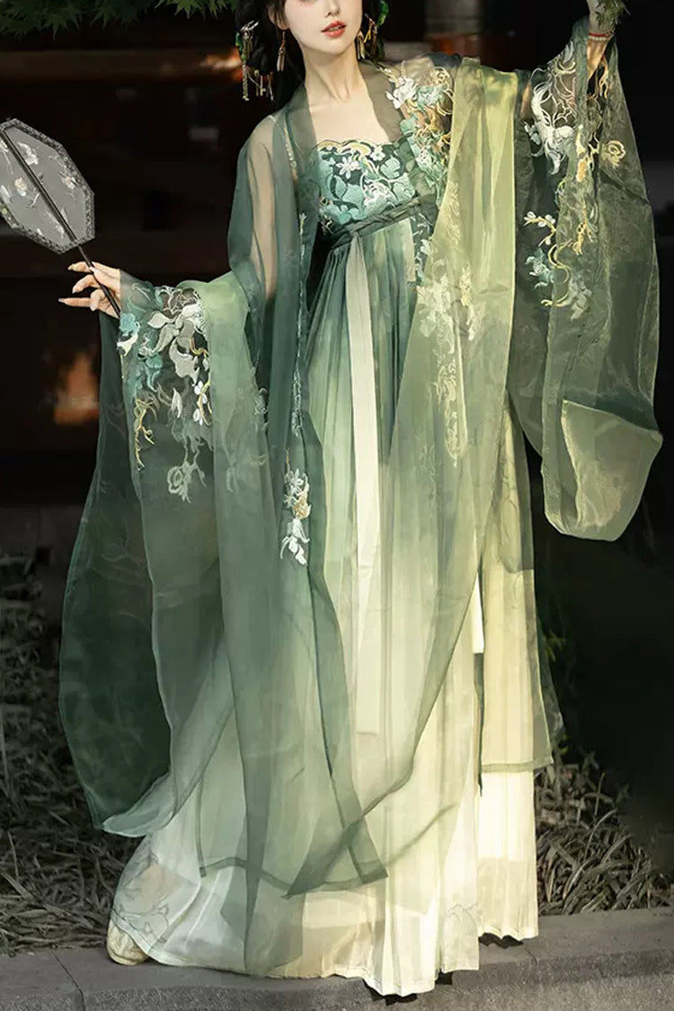 Green Embroidery Women's Classic Chinese Style Hanfu Dress Full Set - Green - 1
