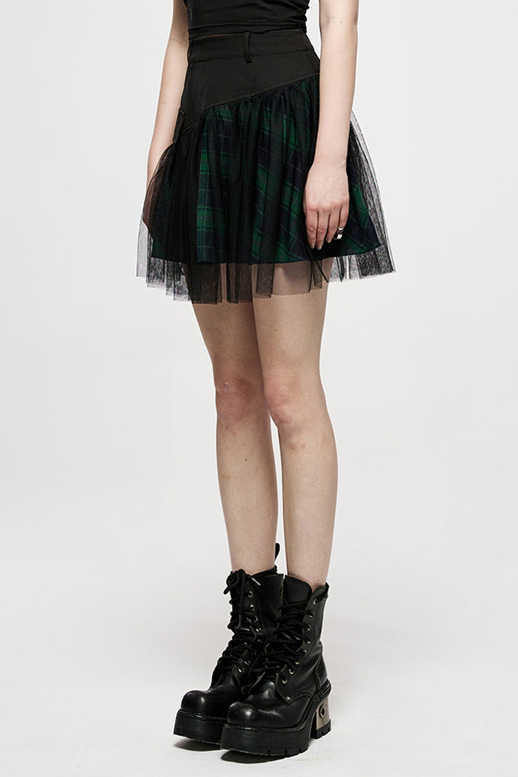Green Cotton Splicing Mesh Plaid Personalized Pocket Decoration Waist Punk Women's Short Skirt - Product - 2