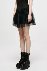 Green Cotton Splicing Mesh Plaid Personalized Pocket Decoration Waist Punk Women's Short Skirt - Product - 2