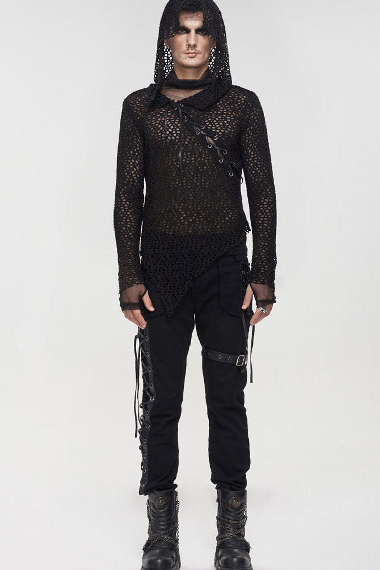 Black Punk Long Sleeve Elasticity Big Hole Mesh Drawstring Design Irregular Hooded Men's Shirt - Product - 5