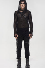 Black Punk Long Sleeve Elasticity Big Hole Mesh Drawstring Design Irregular Hooded Men's Shirt - Product - 5