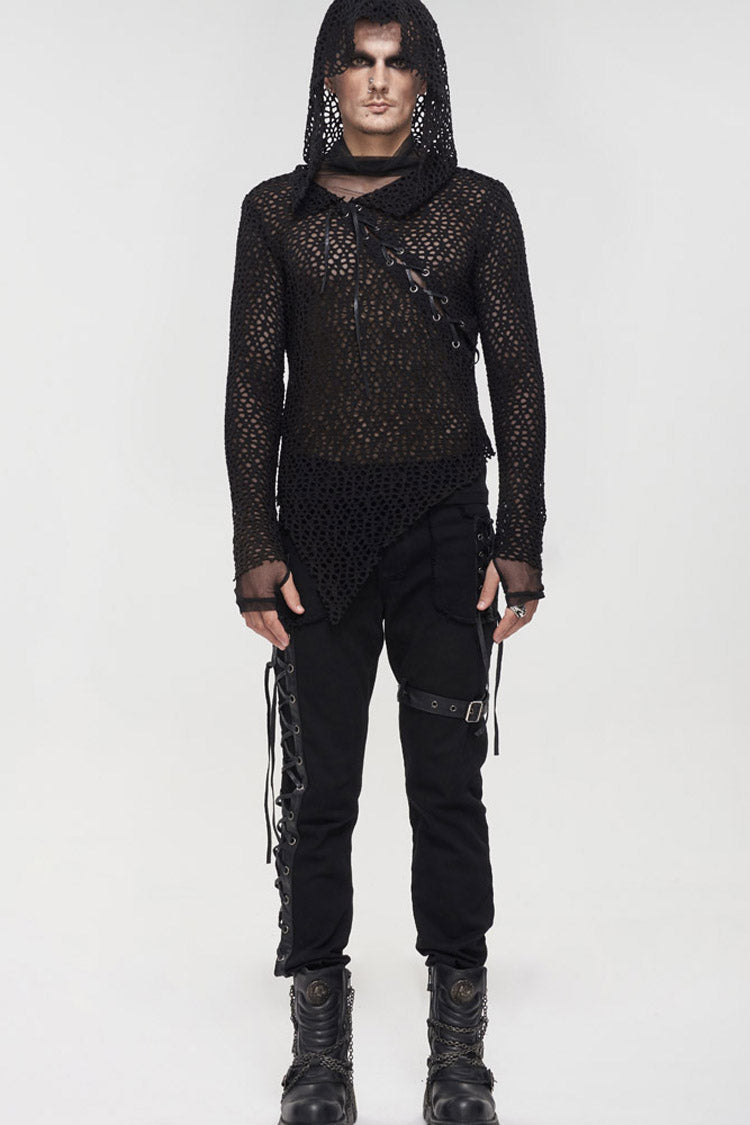 Black Punk Long Sleeve Elasticity Big Hole Mesh Drawstring Design Irregular Hooded Men's Shirt - Product - 5