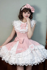 Pink [Miss Tsundere] Sleeveless Multi-Layered Ruffle Bowknot Lace Asymmetric Sweet Princess Lolita Dress - Product - 2