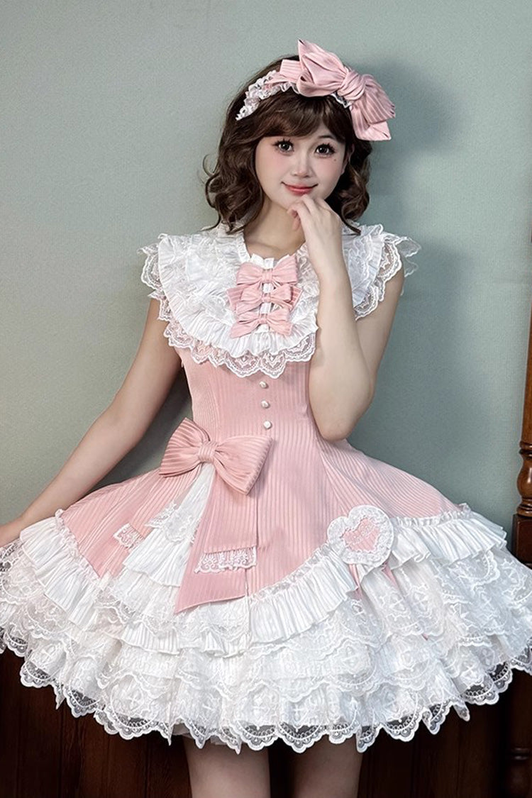 Pink [Miss Tsundere] Sleeveless Multi-Layered Ruffle Bowknot Lace Asymmetric Sweet Princess Lolita Dress - Product - 2