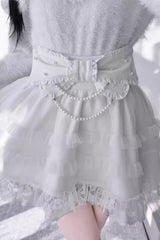 Pearl Ruffle Bowknot Lace Sweet Jirai Kei Skirt 2 Colors - White - 6
