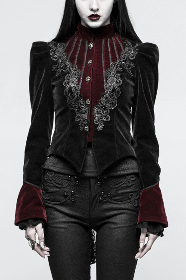 Black 3D Floral Decoration Stand Collar Long Sleeves Womens Gothic Jacket - Black - 1