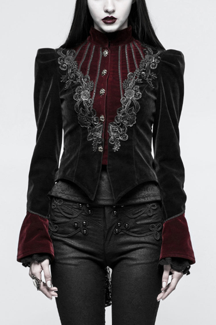Black 3D Floral Decoration Stand Collar Long Sleeves Womens Gothic Jacket - Black - 1