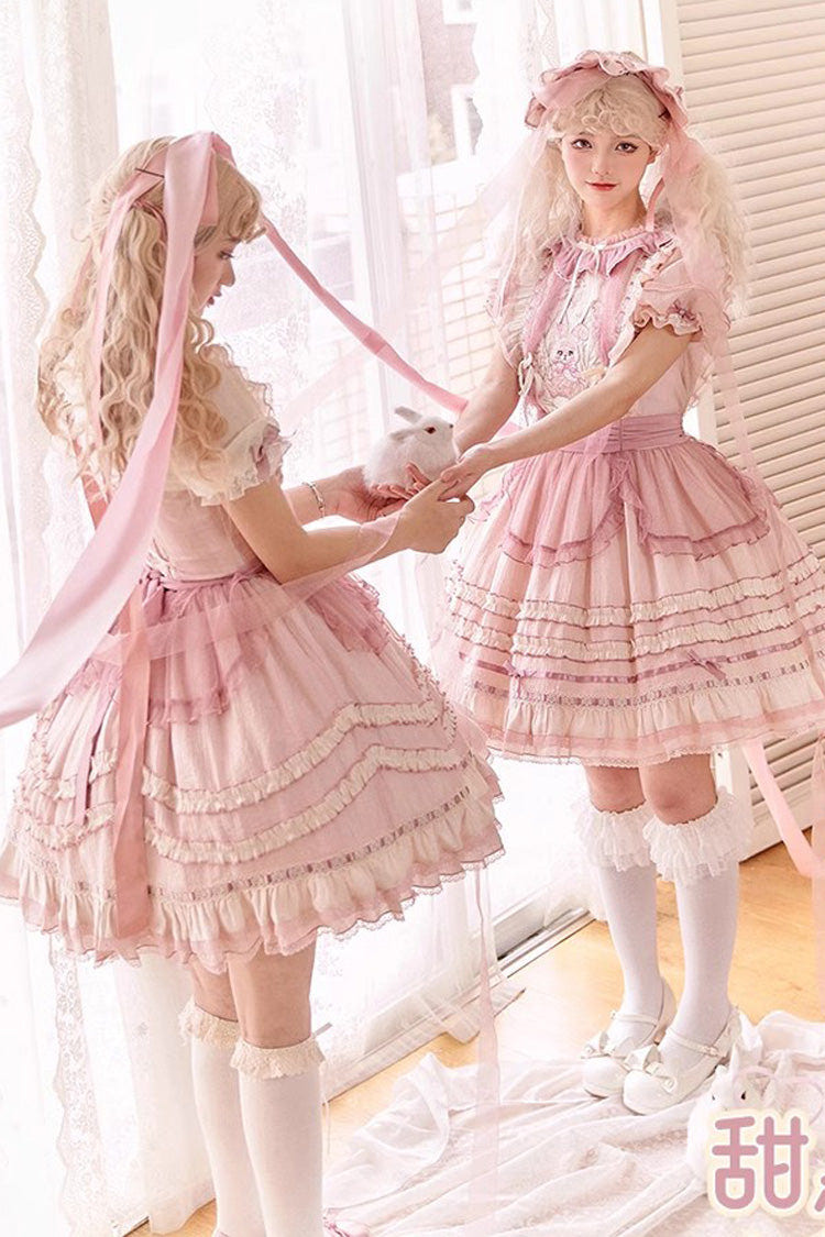 Pink Rabbit Print Sweet Dream Girl Short Sleeves Ruffle Bowknot Stitching Lace Lolita Dress - Product - 5