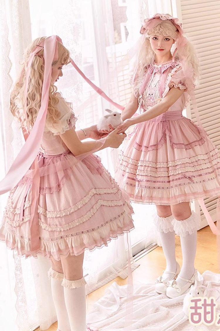 Pink Rabbit Print Sweet Dream Girl Short Sleeves Ruffle Bowknot Stitching Lace Lolita Dress - Product - 5
