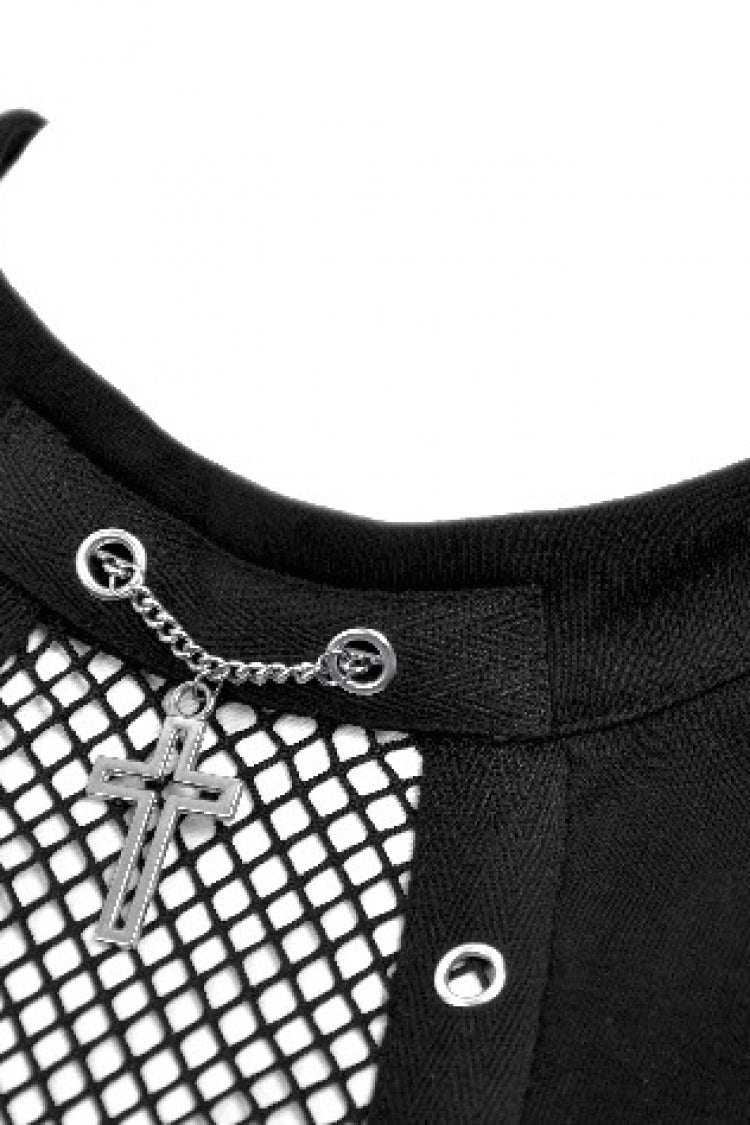 Black Women's Punk Cross Eyelet Cut-Out Coffin Mesh Splice Tank Top - Product - 12