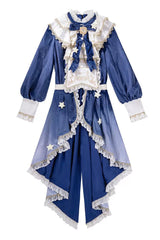 Blue Long Sleeves Ombre Ruffled Bow Ouji Gothic Lolita Swallowtail Dress Shorts Set - Dress - 11
