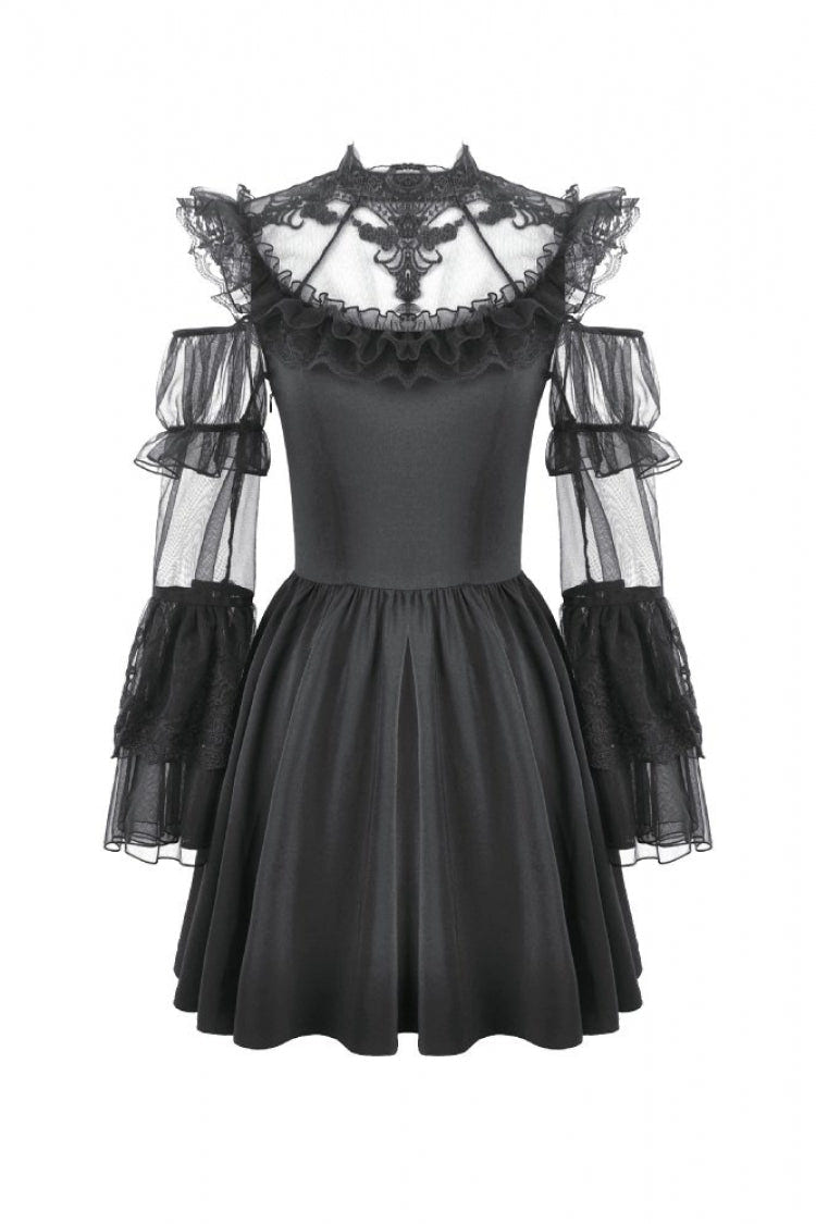 Black Cut-Out Multi-Layered Ruffled Long Trumpet Sleeves Sheer Mesh Splice Lace Lace-Up Women's Gothic Dress - Product - 3