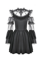 Black Cut-Out Multi-Layered Ruffled Long Trumpet Sleeves Sheer Mesh Splice Lace Lace-Up Women's Gothic Dress - Product - 3