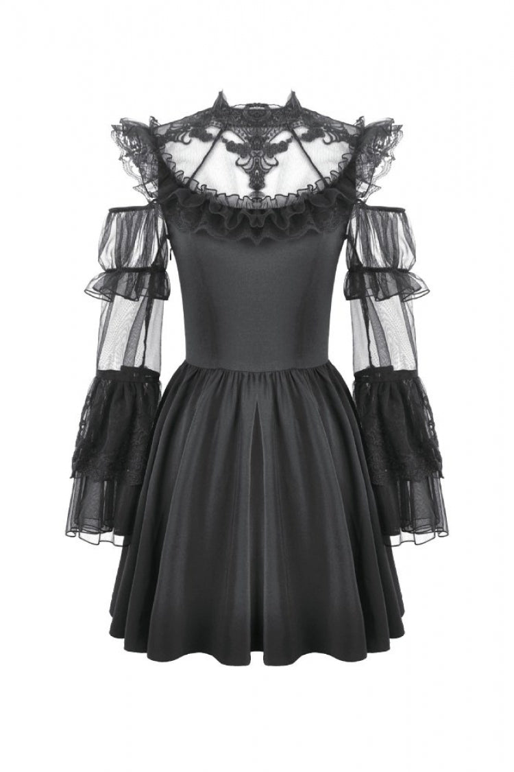 Black Cut-Out Multi-Layered Ruffled Long Trumpet Sleeves Sheer Mesh Splice Lace Lace-Up Women's Gothic Dress - Product - 3