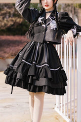 Black Night Talking Reflective Strip Long Sleeves Ruffle Pleated Gothic Lolita Dress Set - Black - 1