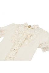 Beige Stand Collar Short Puff Sleeves Lace Sheer Lace-Up Women's Gothic Blouse with Detachable Bowknot - Product - 12