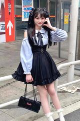 Black/Blue Off Shoulder Long Sleeves Ruffle Bowknot Sweet Jirai Kei Japanese Set - Product - 8