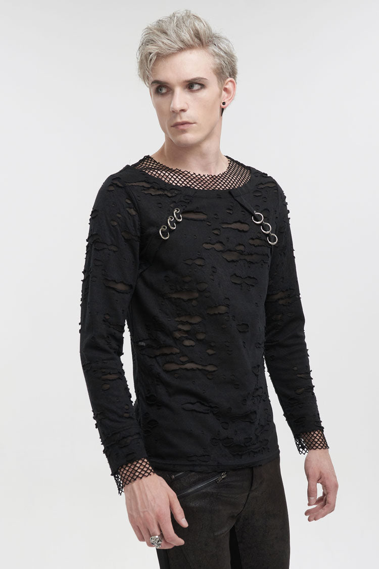 Black Diamond Mesh Irregular Hole Long-Sleeved Men's Punk T-Shirt - Product - 3