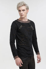 Black Diamond Mesh Irregular Hole Long-Sleeved Men's Punk T-Shirt - Product - 3