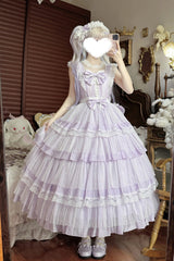 Purple [Aegean] Square Collar Flutter Sleeves Multi-Layered Ruffled Bow Sweet Lolita Jsk Dress Set - Product - 4