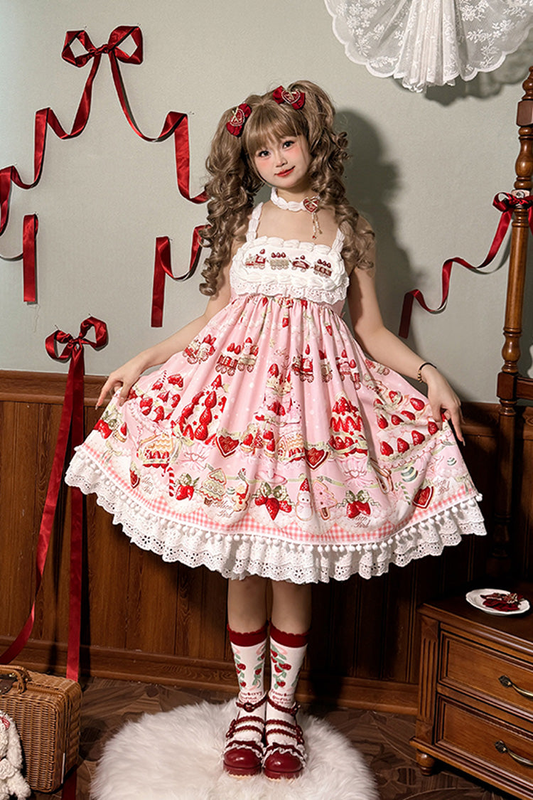 Mint Strawberry Dessert Print High Waisted Ruffle Bowknot Sweet Lolita JSK Dress 4 Colors - Pink - 3