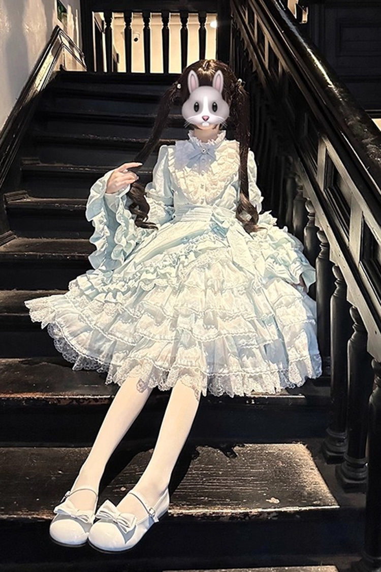 Blue [The Soloist Doll] Long Hime Sleeves Multi-Layered Print Ruffle Bowknot Asymmetric Sweet Lolita Dress - Product - 14
