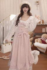 Pink [Sakura Milk Cake] Long Sleeves Double-Layered Bow Lace Sweet Princess Lolita Dress - Product - 2