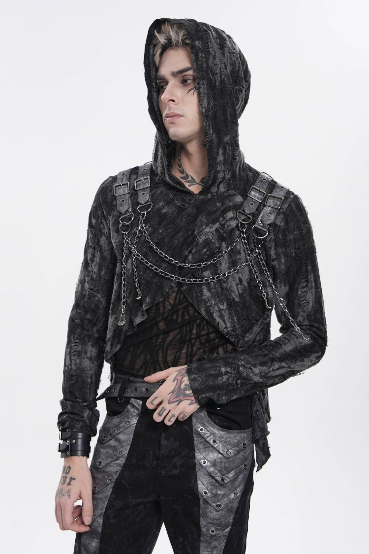 ブラック長袖スプライシングフード付きメッシュダメージ加工重ね着風ジッパーアイレットメンズパンクTシャツ 商品画像