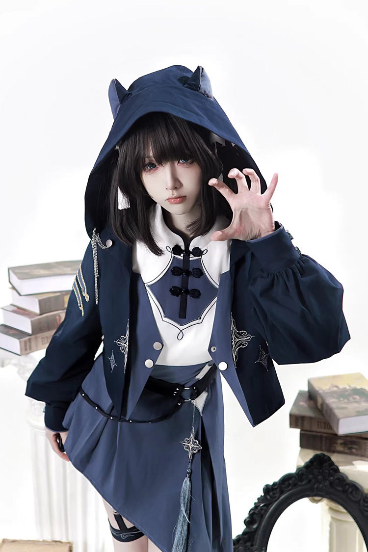Blue [Indigo Shadow Journey] Stand Collar Long Sleeves Embroidered Hooded Asymmetric Punk Ouji Lolita Dress Four-Piece Set - Product - 14