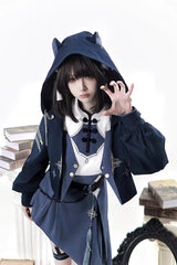 Blue [Indigo Shadow Journey] Stand Collar Long Sleeves Embroidered Hooded Asymmetric Punk Ouji Lolita Dress Four-Piece Set - Product - 14