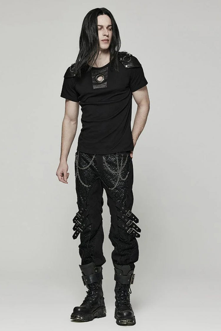 Black Short Sleeves Detachable Shoulder Pad Hollow Mens Steampunk T-Shirt - Product - 4