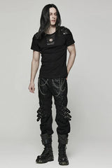Black Short Sleeves Detachable Shoulder Pad Hollow Mens Steampunk T-Shirt - Product - 4