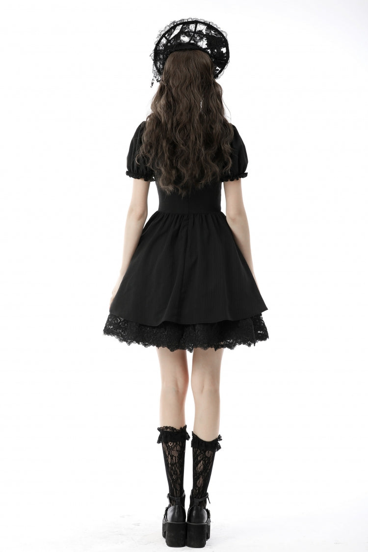 Black Tulle Lace Stand Collar Short Puff Sleeves Women's Lolita Gothic Doll Dress - Product - 4