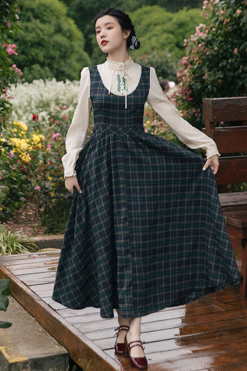 Dark Green Vintage Plaid Print Embroidery Fake Two Pieces High Waisted Classic Lolita Dress - Product - 2