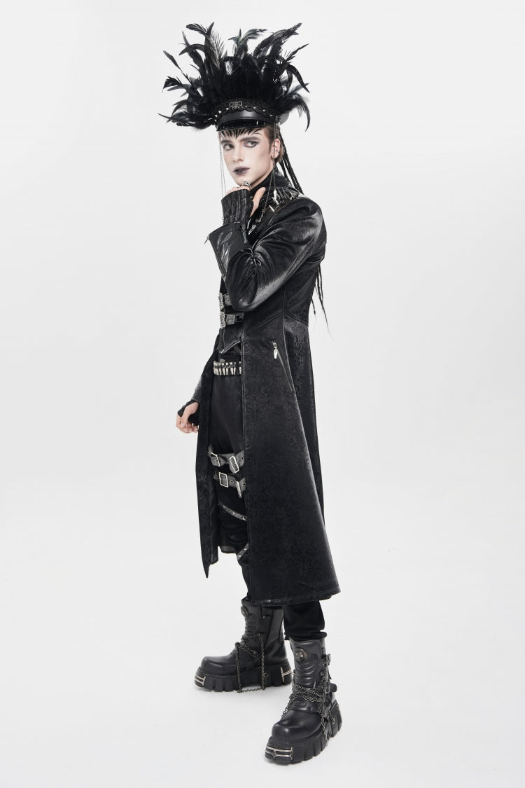 Black Stand Collar Floral Print Rivet Buckle Zipper Straps Men's Punk Coat - Product - 9