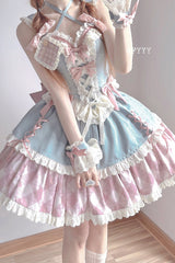 Blue/Pink [Sweetheart Cowboy] Plaid Print Ruffle Bowknot Sweet Lolita Skirt Set - Product - 6
